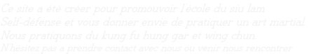 Ce site a été créer pour promouvoir l’école du siu lam Self-défense et vous donner envie de pratiquer un art martial.  Nous pratiquons du kung fu hung gar et wing chun. N’hésitez pas a prendre contact avec nous ou venir nous rencontrer